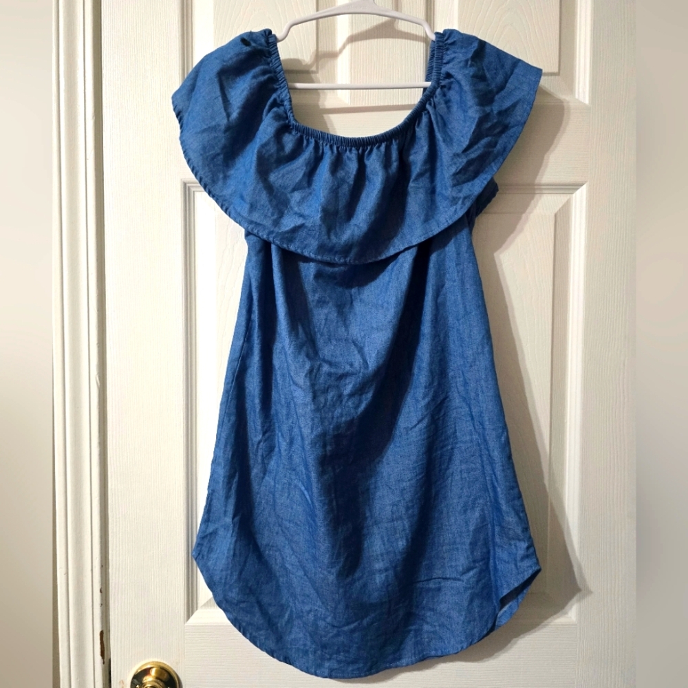 Love Culture Chambray Ruffled Off-Shoulder Mini Shift Dress, Unlined, EUC!